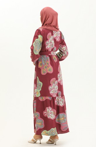 Gemustertes Kleid mit Gürtel 2448-04 Zwetschge Rose 2448-04