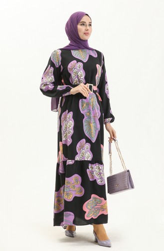 Desenli Kemerli Elbise 2448-05 Siyah Mor