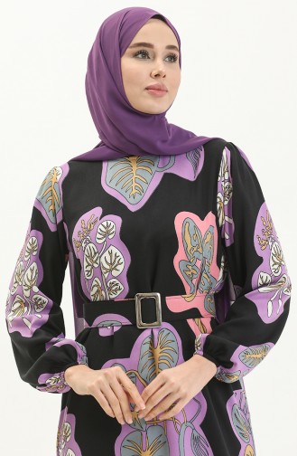 Desenli Kemerli Elbise 2448-05 Siyah Mor
