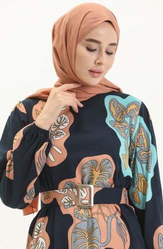 Gemustertes Kleid mit Gürtel 2448-06 Marineblau Türkis 2448-06