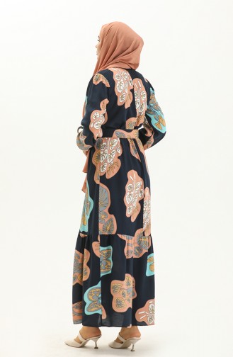 Belted Printed Dress 2448-06 Navy Blue Turquoise 2448-06