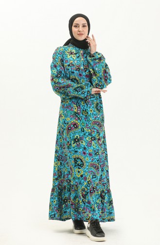 فستان طويل الأكمام فيسكوز 6650-04 أزرق بترولي 6650-04