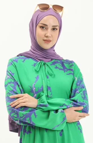 Viskon Desenli Elbise 7979-02 Yeşil Saks 7979-02