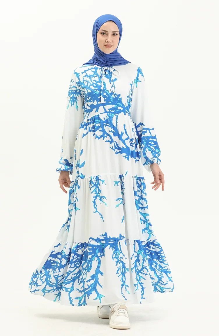 Gemustertes Kleid aus Viskose 7979-03 Weiß-Blau 7979-03