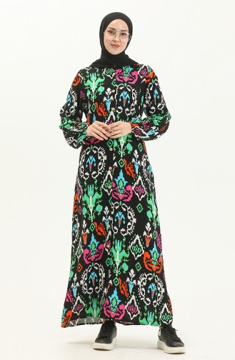 Langärmeliges Kleid aus Viskose mit Knopf 8899-01 Schwarz 8899-01