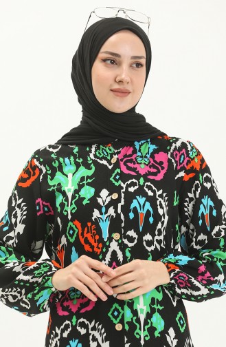Viskon Uzun Kollu Elbise Dügmeli 8899-01 Siyah