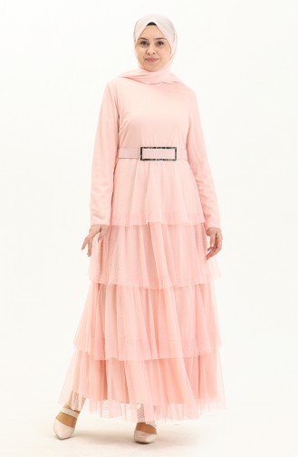 Powder Hijab Evening Dress 2668