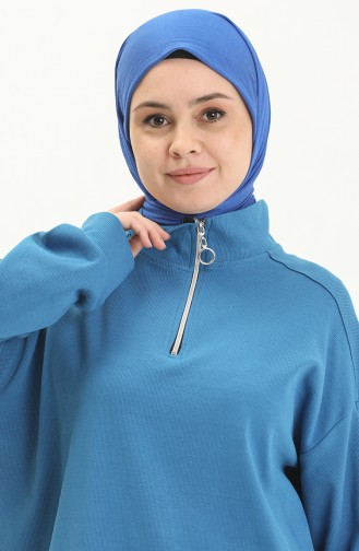 Dik Yaka Fermuarlı Saks Basic Sweatshirt 10386 01