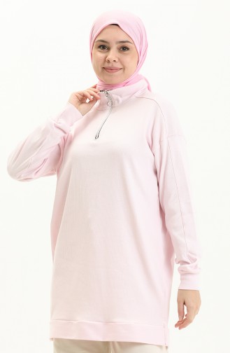 Dik Yaka Fermuarlı Pembe Basic Sweatshirt 10386 02 Pembe