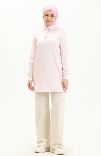 Dik Yaka Fermuarlı Pembe Basic Sweatshirt 10386 02 Pembe