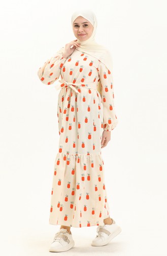 Printed Belted Dress 0444-01 Beige Brick Red 0444-01