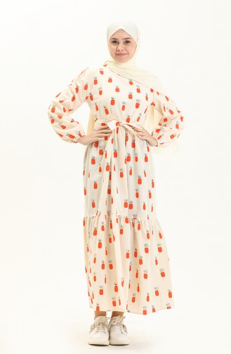 Printed Belted Dress 0444-01 Beige Brick Red 0444-01