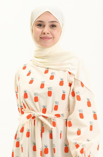 Printed Belted Dress 0444-01 Beige Brick Red 0444-01