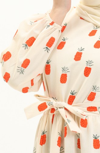 Printed Belted Dress 0444-01 Beige Brick Red 0444-01