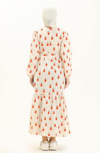 Printed Belted Dress 0444-01 Beige Brick Red 0444-01
