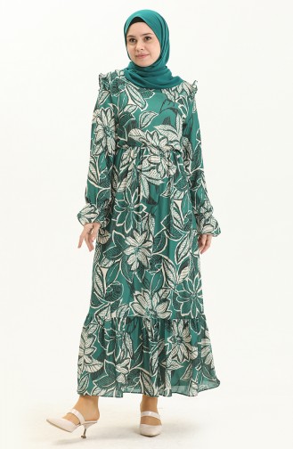 Patterned Ruffled Dress 5951-01 Emerald Green 5951-01