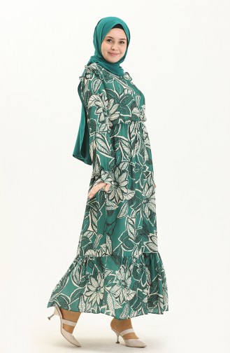 Desenli Fırfırlı Elbise 5951-01 Zümrüt Yeşili