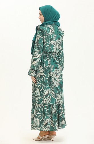 Desenli Fırfırlı Elbise 5951-01 Zümrüt Yeşili