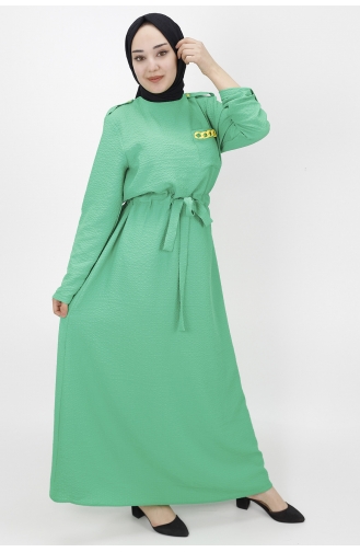 Cep Zincir Detayli Bürümcük Kumaş Elbise 1021-02 Yeşil