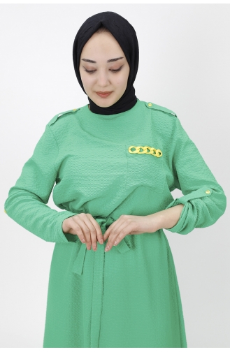 Cep Zincir Detayli Bürümcük Kumaş Elbise 1021-02 Yeşil