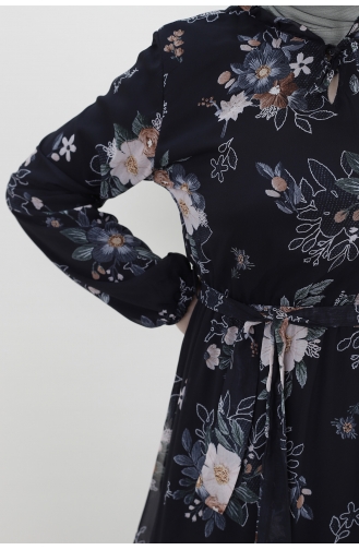 Çiçek Desenli Büzgülü Şifon Elbise 401-03 Siyah