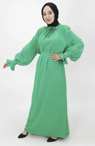 Çiçek Detayli Salaş Elbise 1024-01 Yeşil