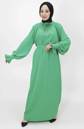 Çiçek Detayli Salaş Elbise 1024-01 Yeşil