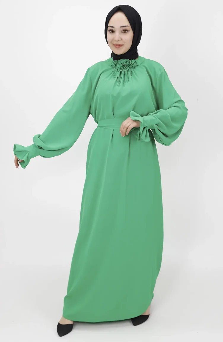 Çiçek Detayli Salaş Elbise 1024-01 Yeşil