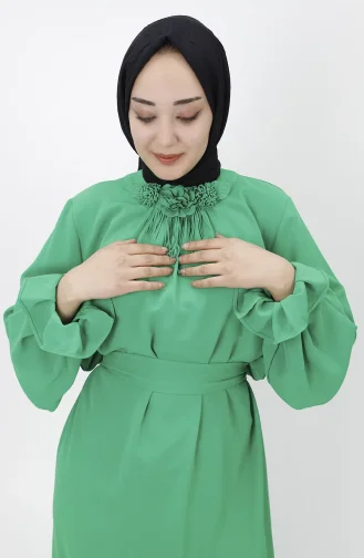 Çiçek Detayli Salaş Elbise 1024-01 Yeşil