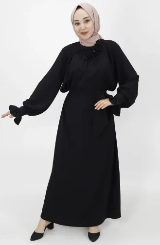 Çiçek Detayli Salaş Elbise 1024-03 Siyah