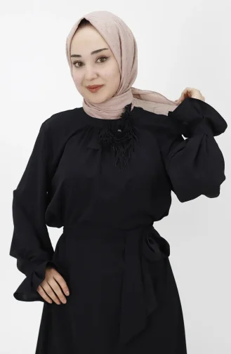 Çiçek Detayli Salaş Elbise 1024-03 Siyah