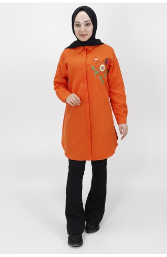 Çiçek Nakişli Poplin Kumaş Tunik Gömlek 23059-03 Oranj