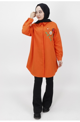 Çiçek Nakişli Poplin Kumaş Tunik Gömlek 23059-03 Oranj