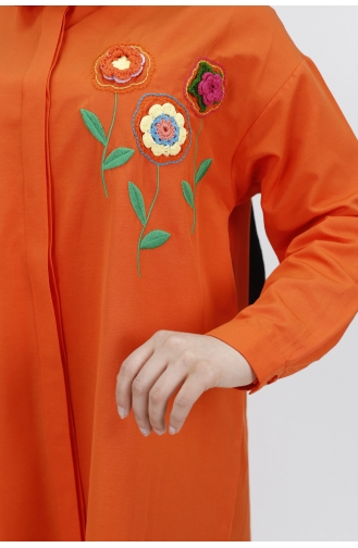 Çiçek Nakişli Poplin Kumaş Tunik Gömlek 23059-03 Oranj