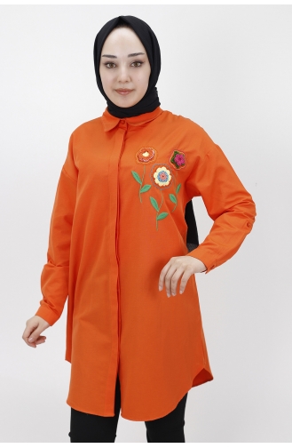 Çiçek Nakişli Poplin Kumaş Tunik Gömlek 23059-03 Oranj