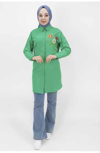 Çiçek Nakişli Poplin Kumaş Tunik Gömlek 23059-04 Yeşil