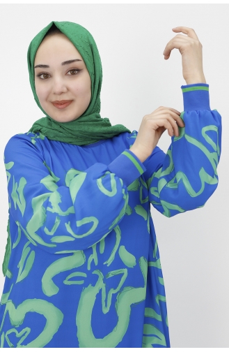 Desenli Firfirli Salaş Elbise 12437-01 Saks