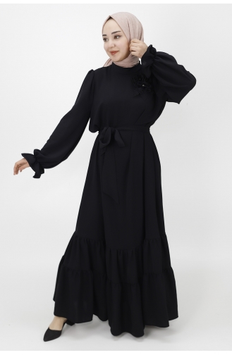 Gül Detayli Salaş Elbise 1028-01 Siyah