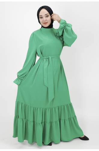 Gül Detayli Salaş Elbise 1028-02 Yeşil