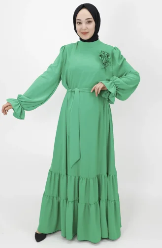 Gül Detayli Salaş Elbise 1028-02 Yeşil