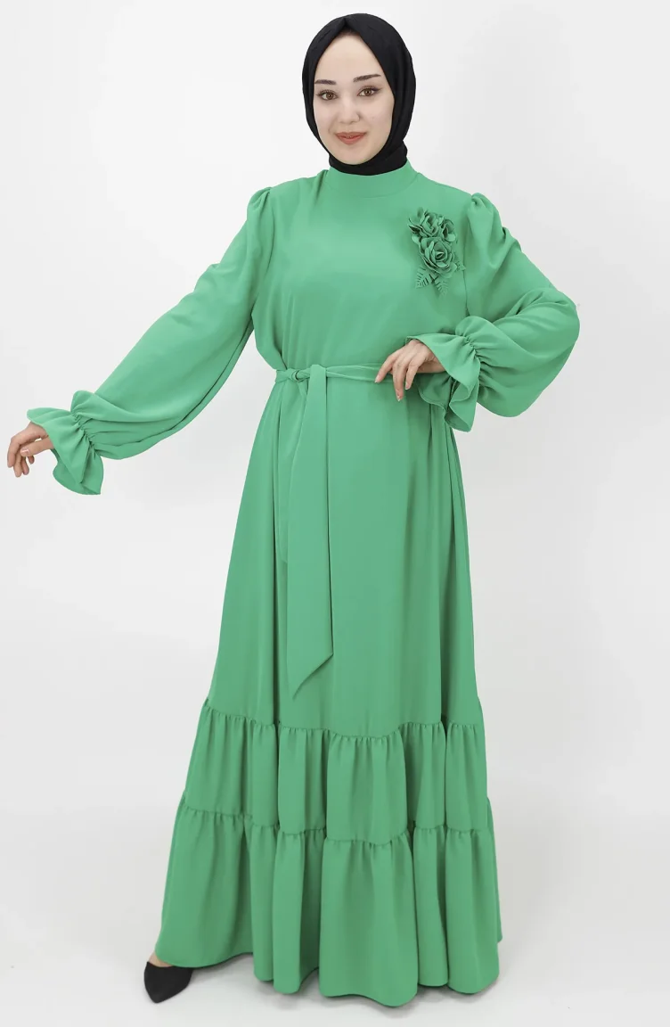 Gül Detayli Salaş Elbise 1028-02 Yeşil