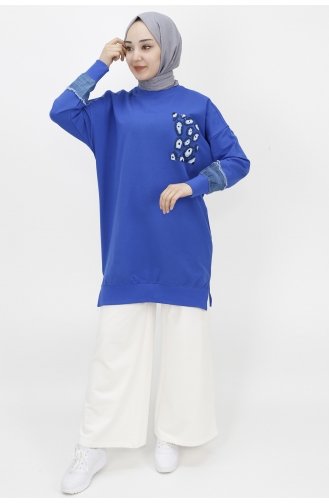 İki İplik Kumaş Nazar Boncuk Nakiş Detayli Sweat Tunik 23012-03 Saks