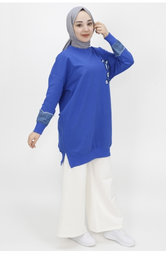 İki İplik Kumaş Nazar Boncuk Nakiş Detayli Sweat Tunik 23012-03 Saks