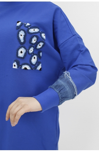 İki İplik Kumaş Nazar Boncuk Nakiş Detayli Sweat Tunik 23012-03 Saks