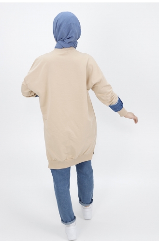 İki İplik Kumaş Nazar Boncuk Nakiş Detayli Sweat Tunik 23012-05 Bej