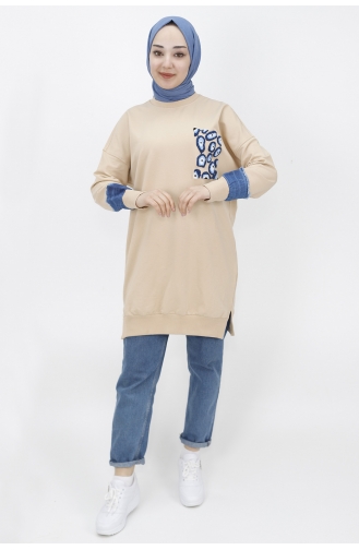 İki İplik Kumaş Nazar Boncuk Nakiş Detayli Sweat Tunik 23012-05 Bej