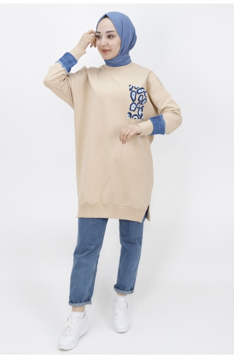 İki İplik Kumaş Nazar Boncuk Nakiş Detayli Sweat Tunik 23012-05 Bej