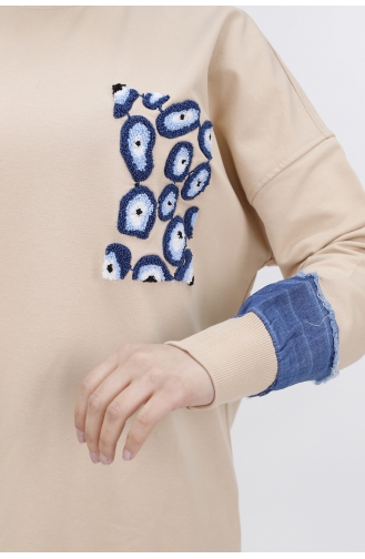 İki İplik Kumaş Nazar Boncuk Nakiş Detayli Sweat Tunik 23012-05 Bej