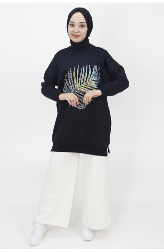 İki İplik Kumaş Pul Detayli Sweat Tunik 23010-04 Siyah