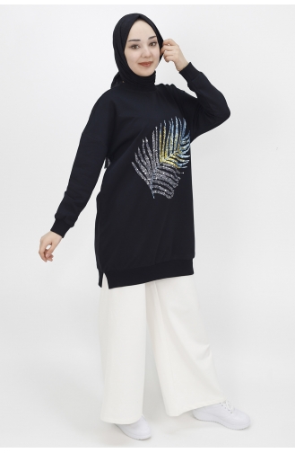 İki İplik Kumaş Pul Detayli Sweat Tunik 23010-04 Siyah